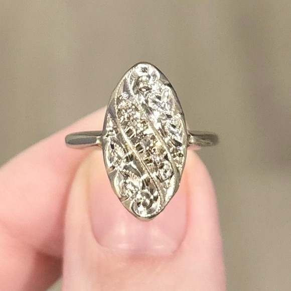 Jewelry - 14K Art Deco Diamond diagonal channel antique shield style swirl white gold ring